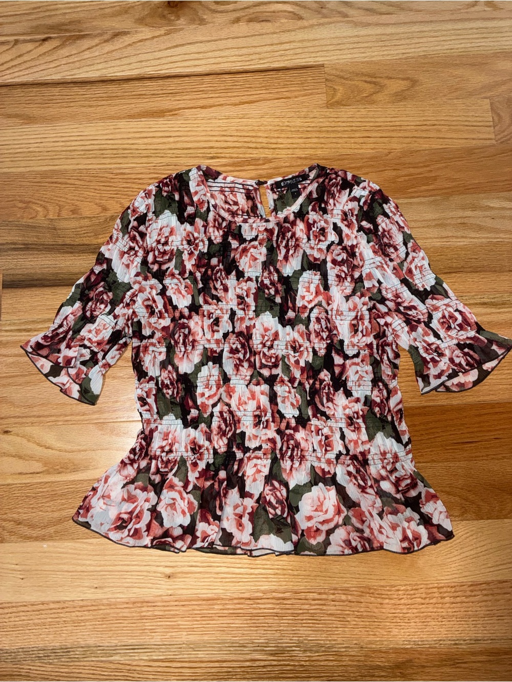 Express Floral Smocked Peplum Top - Pink & Green